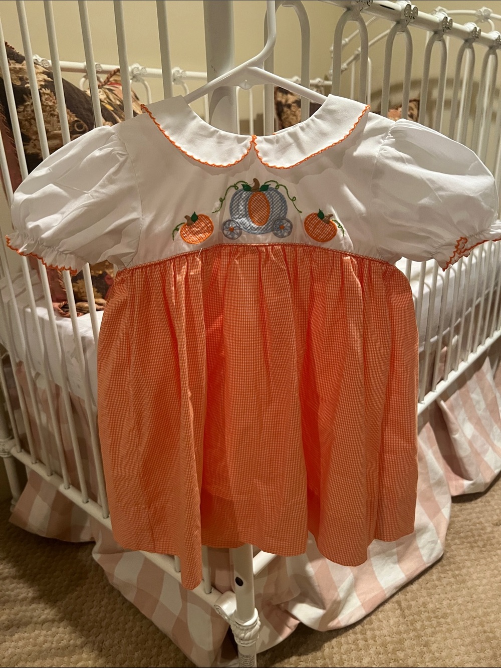 Petit Ami White and Orange Pumpkin Embroidered Dress